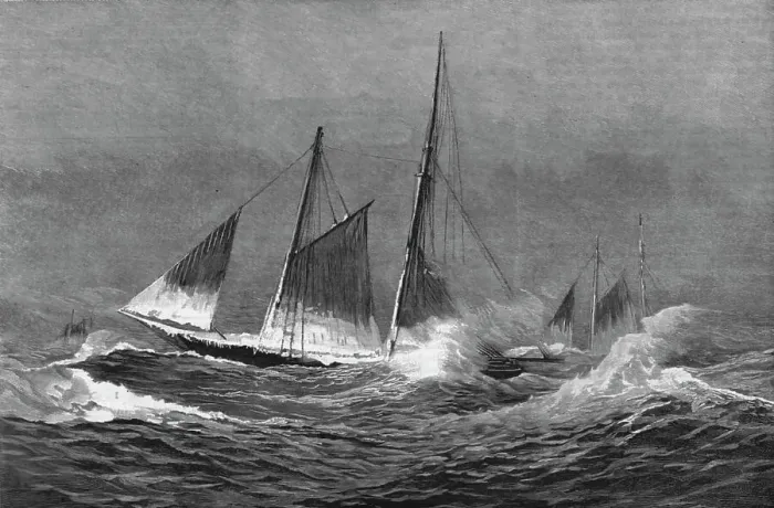 Framed Print : The American Fisheries Question; Fishing Schooner Icing Up in a Winter Gale, 1890. Creator: Captain Collins Framed Print : The American Fisheries Question; Fishing Schooner Icing Up in a Winter Gale, 1890. Creator: Captain Collins