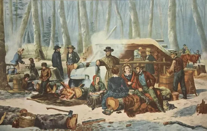 Framed Print : American Forest Scene - Maple Sugaring, pub Framed Print : American Forest Scene - Maple Sugaring, pub