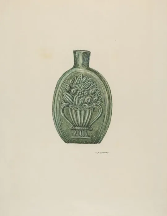 Framed Print : American Glass Flask, c. 1937. Creator: William Kieckhofel Framed Print : American Glass Flask, c. 1937. Creator: William Kieckhofel