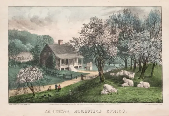 Framed Print : American Homestead, Spring, 1869. Creator: James Merritt Ives (American, 1824-1895)