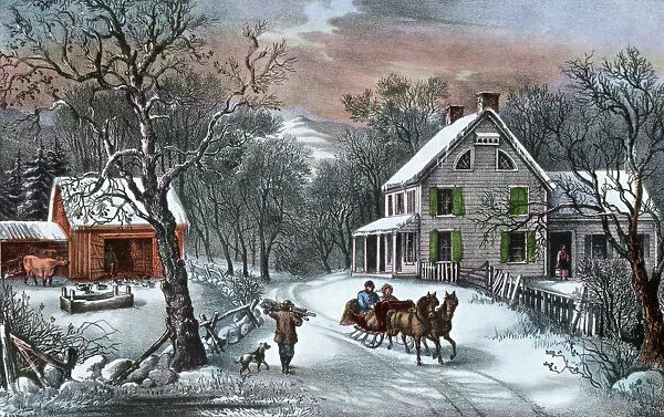American Homestead in Winter, 1868. Artist: Currier and Ives