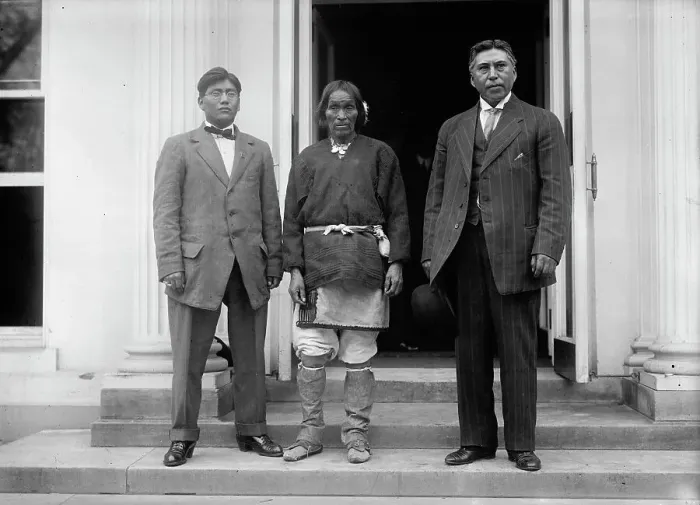 Framed Print : American Indians - Chief Yukeoma [centre], 1911. Creator: Harris & Ewing. American Indians - Chief Yukeoma [centre], 1911. Creator: Harris & Ewing
