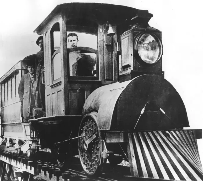Framed Print : American inventor Thomas Alva Edison on board an electric railroad, 1892 Framed Print : American inventor Thomas Alva Edison on board an electric railroad, 1892