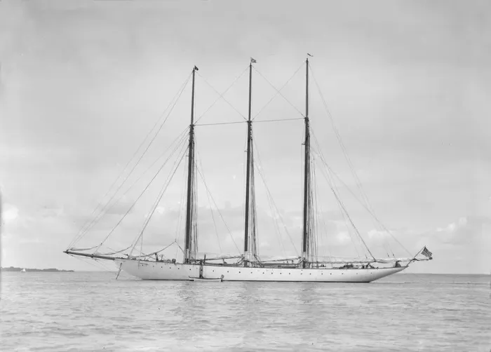 Framed Print : The American three mast schooner Karina at anchor, 1912. Creator: Kirk & Sons of Cowes