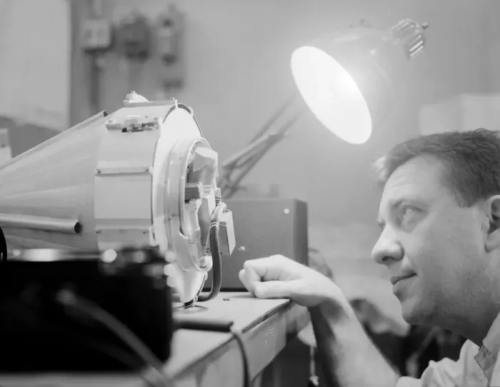 Framed Print : American physicist James Van Allen with Pioneer 4, USA, 1950s. Creator: Unknown Framed Print : American physicist James Van Allen with Pioneer 4, USA, 1950s. Creator: Unknown