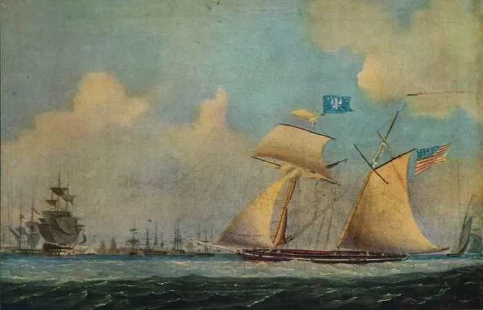 Framed Print : An American privateer schooner and other vessels near a harbour, c1815. Artist: Charles Burton Barber Framed Print : An American privateer schooner and other vessels near a harbour, c1815. Artist: Charles Burton Barber