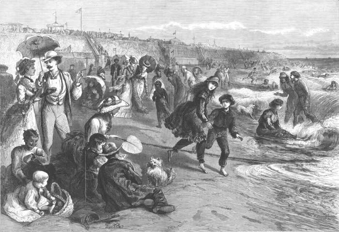 Framed Print : American Sketches - Bathing at Long Branch, New York, 1875. Artist: W Hollidge Framed Print : American Sketches - Bathing at Long Branch, New York, 1875. Artist: W Hollidge