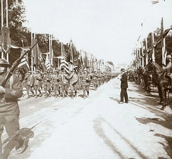 American troops marching in victory parade, Paris, France, c1918-c1919