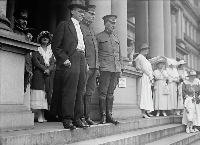 Framed Print : American University Training Camp - Secretary Baker And General T.H. Bliss Greeting Students, 1917. Creator: Harris & Ewing. American University Training Camp - Secretary Baker And General T.H. Bliss Greeting Students, 1917