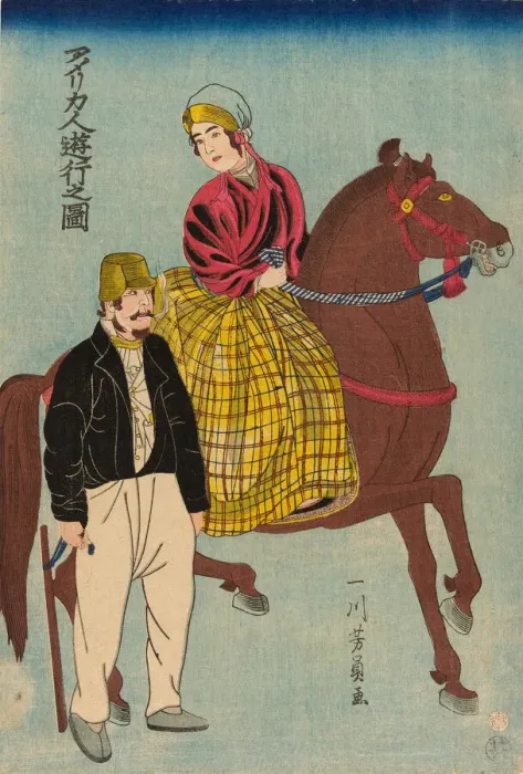 Framed Print : Americans on an Outing (Amerikajin yuko no zu), 1860. Creator: Yoshikazu Framed Print : Americans on an Outing (Amerikajin yuko no zu), 1860. Creator: Yoshikazu