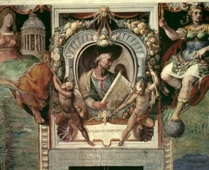 Framed Print : Amerigo Vespucci (1454-1512), Italian geographer and navigator, portrait in the Hall Framed Print : Amerigo Vespucci (1454-1512), Italian geographer and navigator, portrait in the Hall