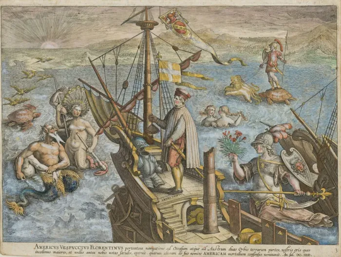 Framed Print : Amerigo Vespucci (Americae Retectio), 1591. Creator: Stradanus (Straet, van der) Framed Print : Amerigo Vespucci (Americae Retectio), 1591. Creator: Stradanus (Straet, van der)