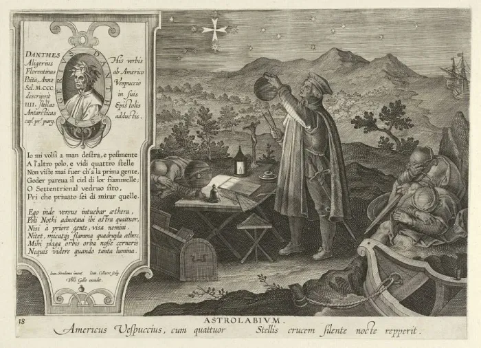 Framed Print : Amerigo Vespucci Discovering the Southern Cross with an Astrolabe, pub. 1600. Creator Framed Print : Amerigo Vespucci Discovering the Southern Cross with an Astrolabe, pub. 1600. Creator