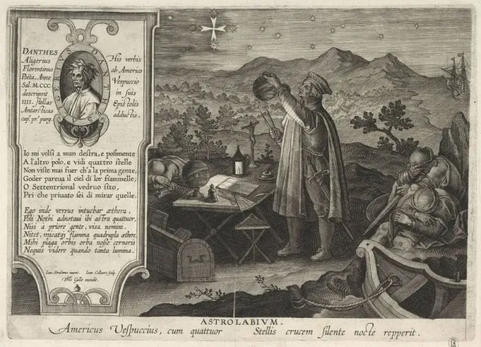 Framed Print : Amerigo Vespucci finding the Southern Cross constellation with an astrolabe (Americae Retectio), 1591. Artist: Galle, Philipp (1537-1612) Framed Print : Amerigo Vespucci finding the Southern Cross constellation with an astrolabe (Americae Retectio), 1591. Artist: Galle, Philipp (1537-1612)