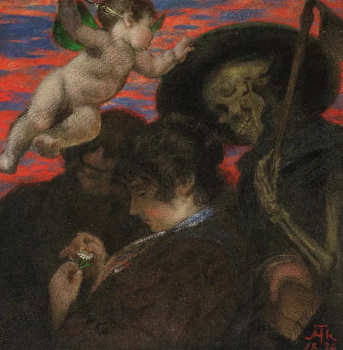 Framed Print : Amor vincit omnia (Lovers with Cupid and Death), 1876. Creator: Thoma; Hans (1839-1924) Framed Print : Amor vincit omnia (Lovers with Cupid and Death), 1876. Creator: Thoma; Hans (1839-1924)