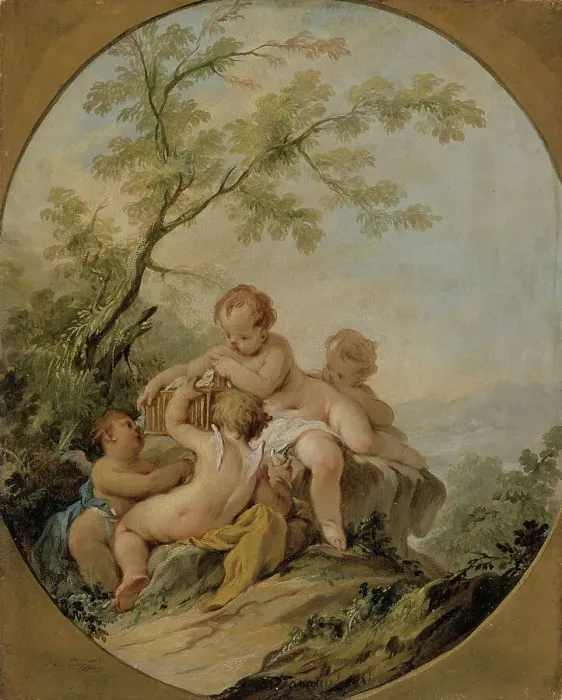 Framed Print : Four amorins playing with a birdcage, 1721-1750. Creator: Guillaume-Thomas Taraval Framed Print : Four amorins playing with a birdcage, 1721-1750. Creator: Guillaume-Thomas Taraval