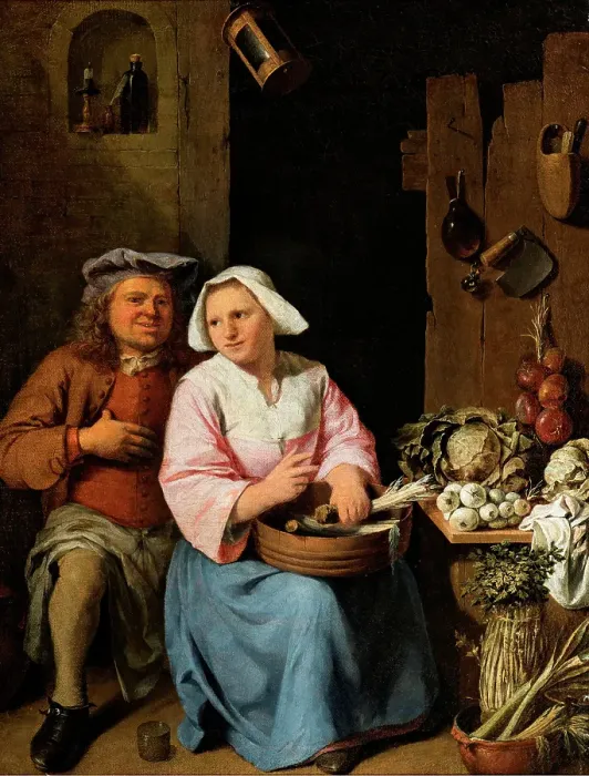 Framed Print : Amorous Couple in the Kitchen, 1702. Creator: Nicolas van Haeften Framed Print : Amorous Couple in the Kitchen, 1702. Creator: Nicolas van Haeften