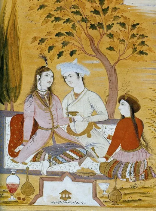 Framed Print : Amorous couple and a servant, 1696. Artist: Mu in Musavvir Framed Print : Amorous couple and a servant, 1696. Artist: Mu in Musavvir