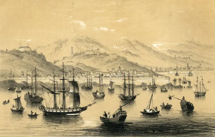 Framed Print : Amoy, one of the five ports opened by the late treaty to British commerce, 1847. Artist: JW Giles Framed Print : Amoy, one of the five ports opened by the late treaty to British commerce, 1847. Artist: JW Giles