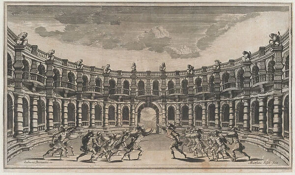 Amphitheater with two groups of soldiers running toward each other; set design from Il Po... 1668. Creator: Mathaus Küsel