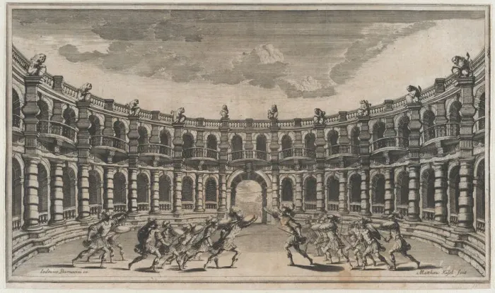 Framed Print : Amphitheater with two groups of soldiers running toward each other; set design from Il Po... 1668. Creator: Mathaus Küsel
