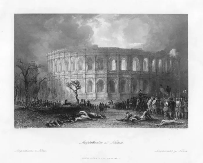 Framed Print : Amphitheatre at Nismes, France, 19th century(?). Artist:s Bradshaw Framed Print : Amphitheatre at Nismes, France, 19th century(?). Artist:s Bradshaw