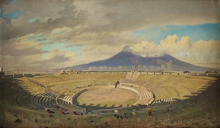 Framed Print : Amphitheatre in Pompeii with Vesuvius in the background, Second Half of the 19th cen.. Creator: Fristrup, Niels (1837-1909) Framed Print : Amphitheatre in Pompeii with Vesuvius in the background, Second Half of the 19th cen.. Creator: Fristrup, Niels (1837-1909)