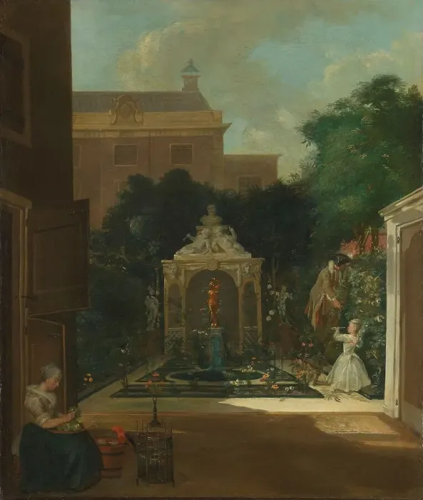 Framed Print : An Amsterdam Canal House Garden, c.1740-1745. Creator: Cornelis Troost Framed Print : An Amsterdam Canal House Garden, c.1740-1745. Creator: Cornelis Troost