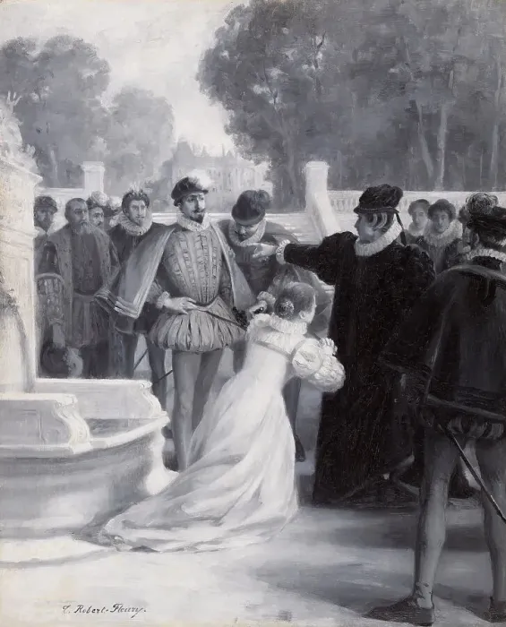 Framed Print : Amy Robsart at the foot of the queen, between 1890 and 1891. Creator: Tony Robert-Fleury Framed Print : Amy Robsart at the foot of the queen, between 1890 and 1891. Creator: Tony Robert-Fleury