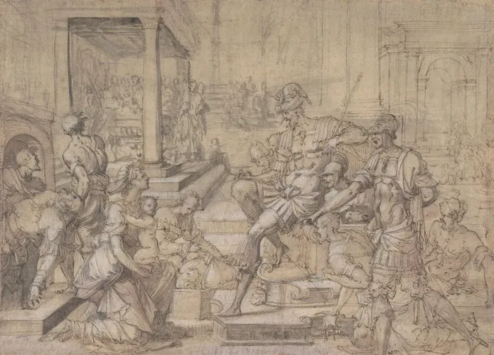 Framed Print : Amya Petitioning Faustus for the Custody of Saint Mamas, ca. 1543. Creator: Jean Cousin Framed Print : Amya Petitioning Faustus for the Custody of Saint Mamas, ca. 1543. Creator: Jean Cousin