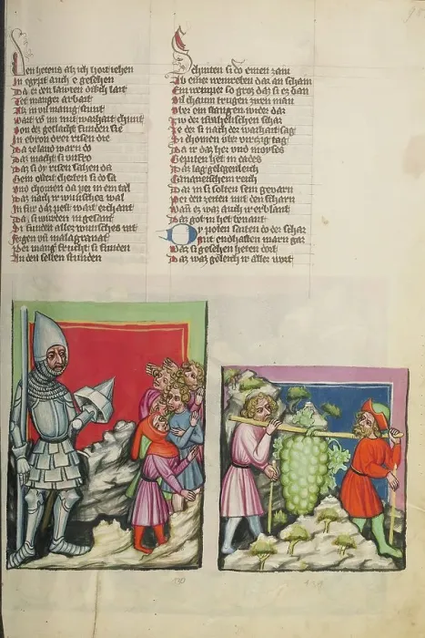 Framed Print : The Anakitic Giant before the Israelites: The Spies with the Grapes; Weltchronik, about 1400-1410. Creator: Unknown Framed Print : The Anakitic Giant before the Israelites: The Spies with the Grapes; Weltchronik, about 1400-1410. Creator: Unknown