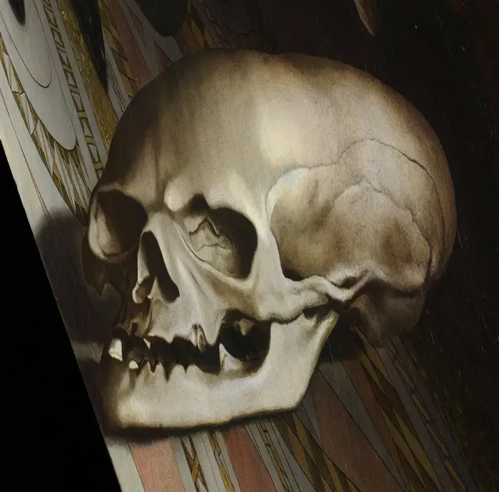 Framed Print : The anamorphic skull. The Ambassadors (Detail), 1533 Framed Print : The anamorphic skull. The Ambassadors (Detail), 1533