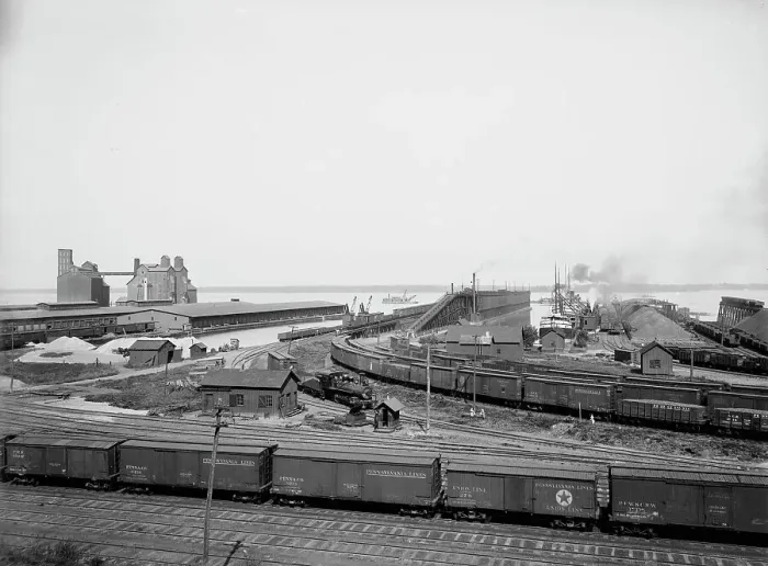 Framed Print : Anchor Line docks and Penna. R.R. [Pennsylvania Railroad] coal & ore docks, Erie, Pa. ca 1900. Creator: Unknown. Anchor Line docks and Penna. R.R. [Pennsylvania Railroad] coal & ore docks, Erie, Pa. ca 1900. Creator: Unknown