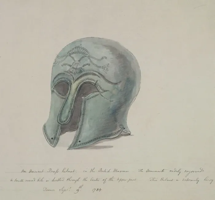 Framed Print : Ancient brass helmet from the British Museum, Holborn, London, 1784 Framed Print : Ancient brass helmet from the British Museum, Holborn, London, 1784