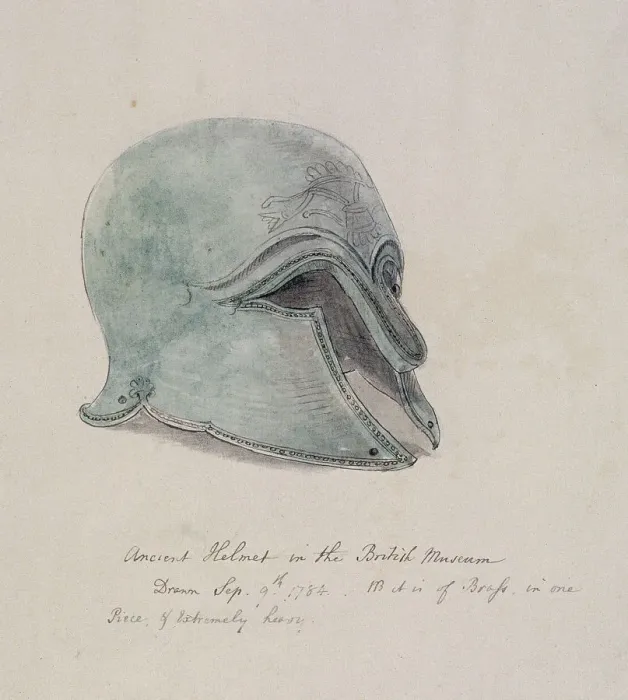 Framed Print : Ancient brass helmet from the British Museum, Holborn, London, 1784 Framed Print : Ancient brass helmet from the British Museum, Holborn, London, 1784