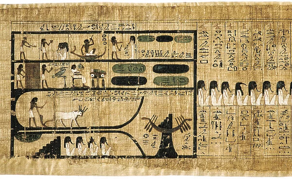 Ancient Egyptian Book of the Dead on papyrus showing written hieroglyphs