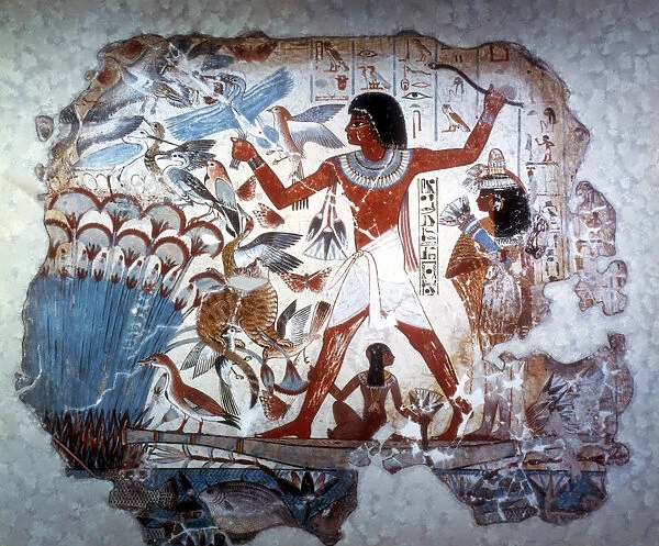 Ancient Egyptian hunting wildfowl with a throwing stick, c1350 BC