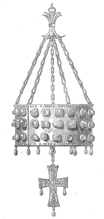 Framed Print : Ancient gold crown and cross found in Spain, 1860. Creator: Unknown Framed Print : Ancient gold crown and cross found in Spain, 1860. Creator: Unknown