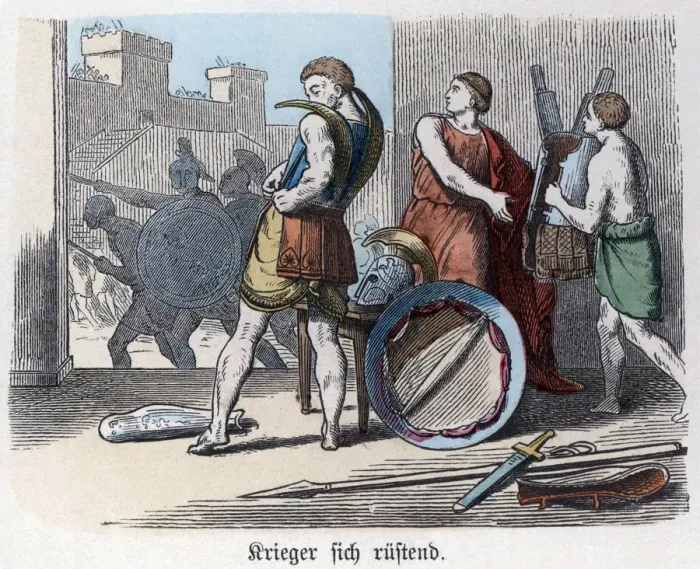 Framed Print : Ancient History. Greece. Greek warriors arming themselves for war. German engraving, 1865 Framed Print : Ancient History. Greece. Greek warriors arming themselves for war. German engraving, 1865