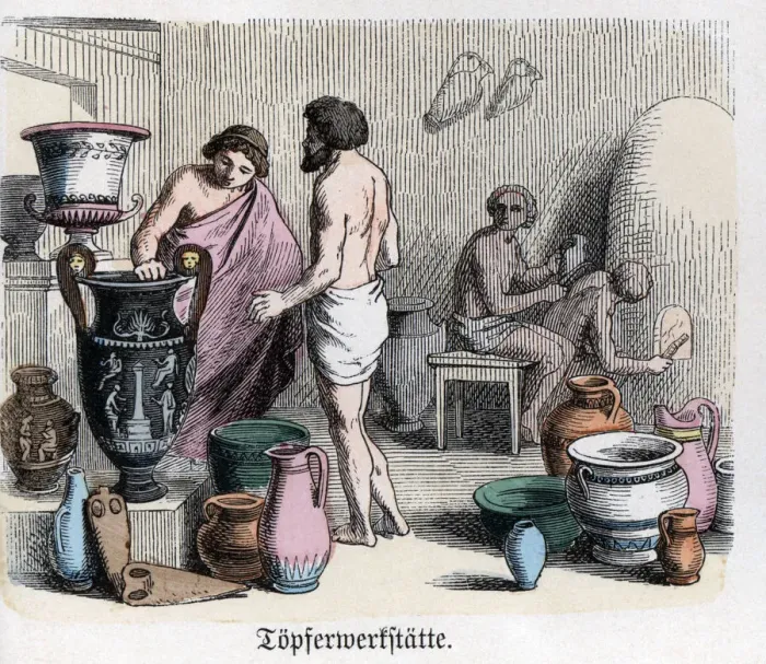Framed Print : Ancient History. Greece. Pottery workshop, manufacturing of amphorae. German engraving, 1865 Framed Print : Ancient History. Greece. Pottery workshop, manufacturing of amphorae. German engraving, 1865