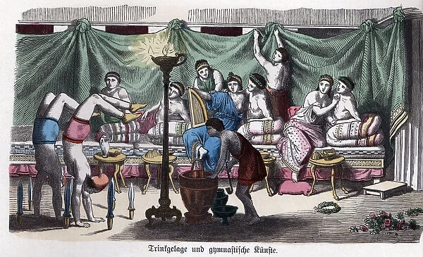 Ancient History. Greece. Scene of a banquet and gymnastic games. German engraving, 1865