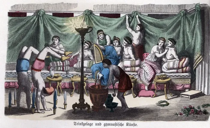 Framed Print : Ancient History. Greece. Scene of a banquet and gymnastic games. German engraving, 1865 Framed Print : Ancient History. Greece. Scene of a banquet and gymnastic games. German engraving, 1865