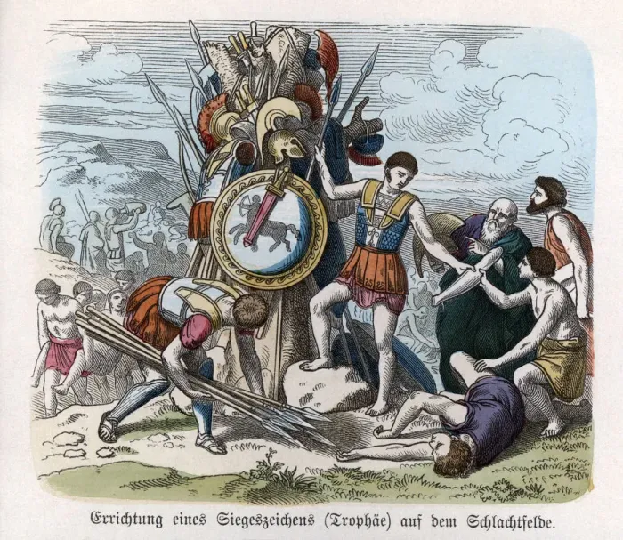 Framed Print : Ancient History. Greece. War trophies. German engraving, 1865 Framed Print : Ancient History. Greece. War trophies. German engraving, 1865