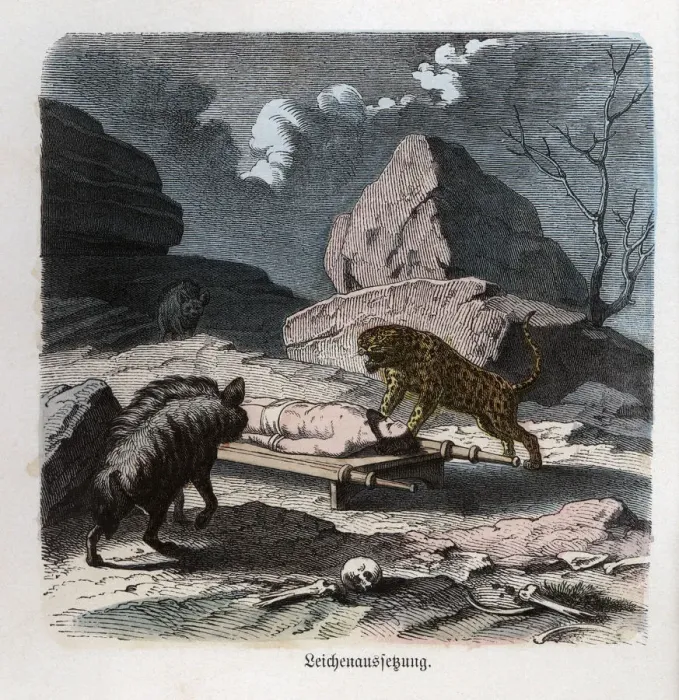 Framed Print : Ancient History. Persia. Abandonment of a corpse to the beasts. German engraving, 1865 Framed Print : Ancient History. Persia. Abandonment of a corpse to the beasts. German engraving, 1865