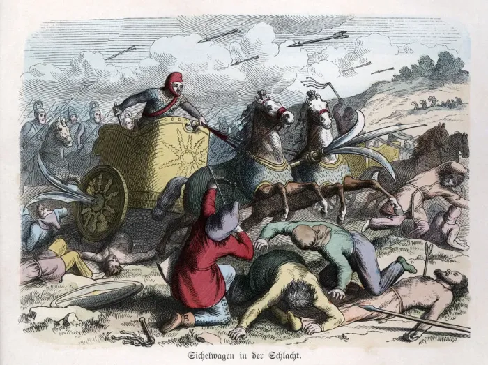 Framed Print : Ancient History. Persia. War chariot with sickles in their wheels. German engraving, 1865 Framed Print : Ancient History. Persia. War chariot with sickles in their wheels. German engraving, 1865