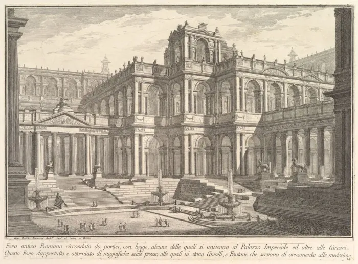 Framed Print : Ancient Roman forum surrounded by porticoes, with loggias, some of which communicate w Framed Print : Ancient Roman forum surrounded by porticoes, with loggias, some of which communicate w
