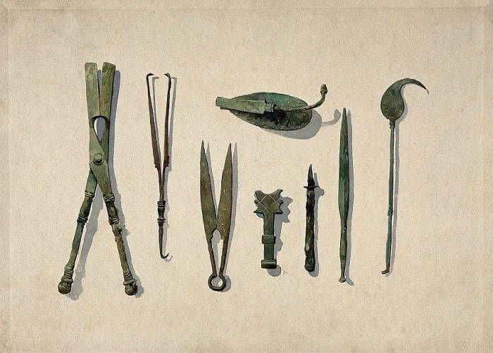 Framed Print : Eight ancient Roman surgical instruments, 1850-1910. Creator: Unknown Framed Print : Eight ancient Roman surgical instruments, 1850-1910. Creator: Unknown