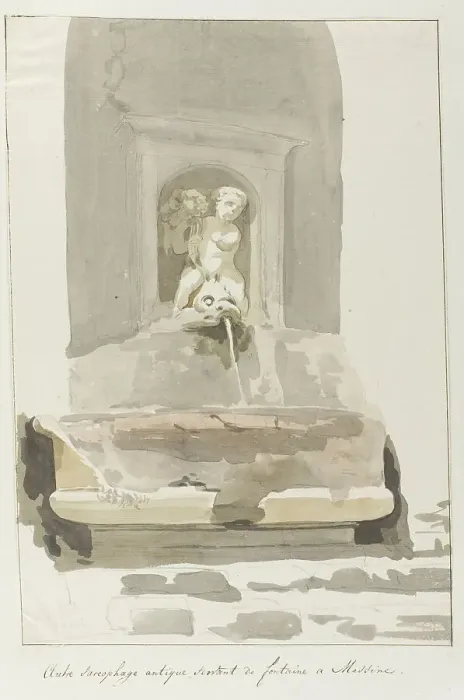 Framed Print : Ancient sarcophagus as a fountain in Messina, 1778. Creator: Louis Ducros Framed Print : Ancient sarcophagus as a fountain in Messina, 1778. Creator: Louis Ducros