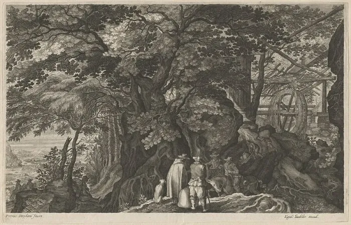 Framed Print : Ancient Trees by a Mountain Watermill, 1600 / 1615. Creators: Aegidius Sadeler II, Pieter Stevens Framed Print : Ancient Trees by a Mountain Watermill, 1600 / 1615. Creators: Aegidius Sadeler II, Pieter Stevens
