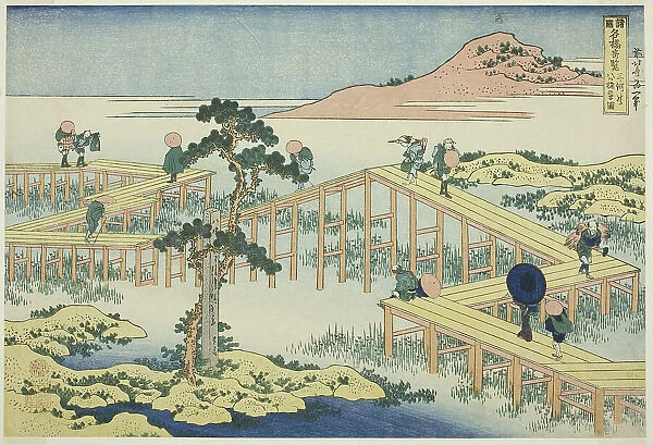 Ancient View of the Eight-planked Bridge in Mikawa Province (Mikawa no Yatsuhashi... c. 1833 / 34. Creator: Hokusai)